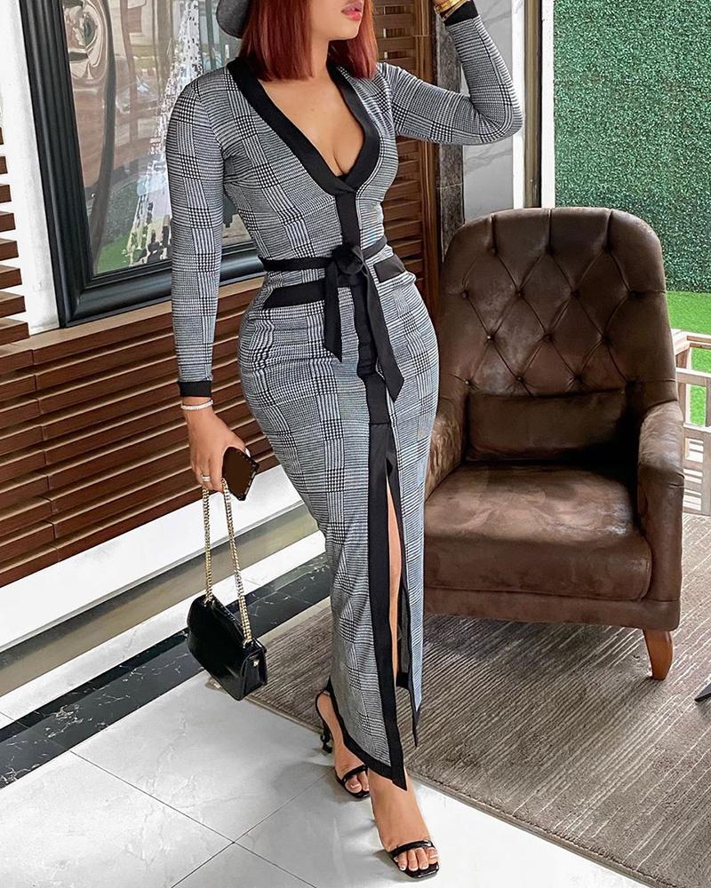 

Casual Dresses 2022 Women Spring Autumn Elegant Colorblock Fit Bodycon OL Dress V Neck High Slit Plaid Long Sleeve Plunge Maxi With Belt, Black