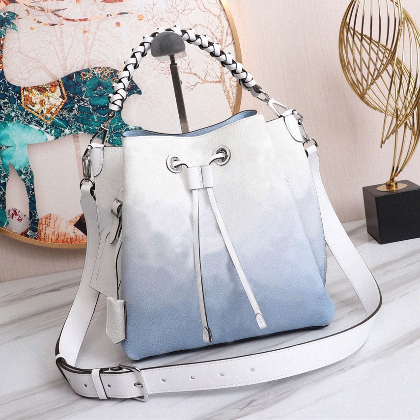 

Hollow Perforated Calfskin Classic Floral Braided Handle Drawstring Bag Handheld One Shoulder Crossbody Bag muria v80E#