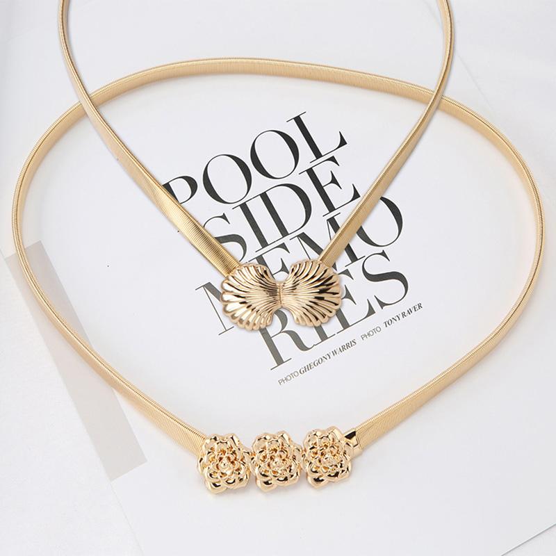

Belts Women Elastic Thin Metal Chain Rose Flower Shell Buckle Stretch Slim Body Belt Elegant Dress Straps Waistband Ceinture, Black