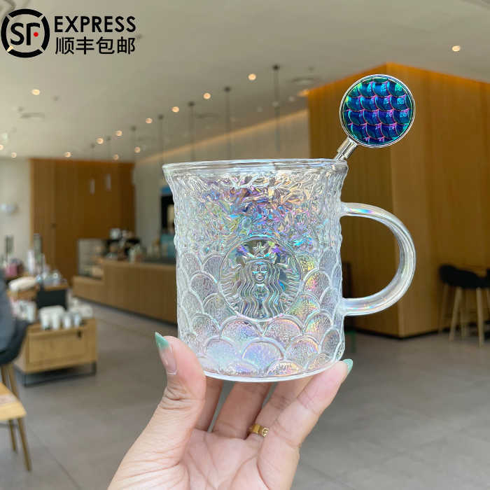 Starbucks cup gradient colorful fish scale glass with mixing rod Mermaid large capacity drinkingU4IH-image-760643660
