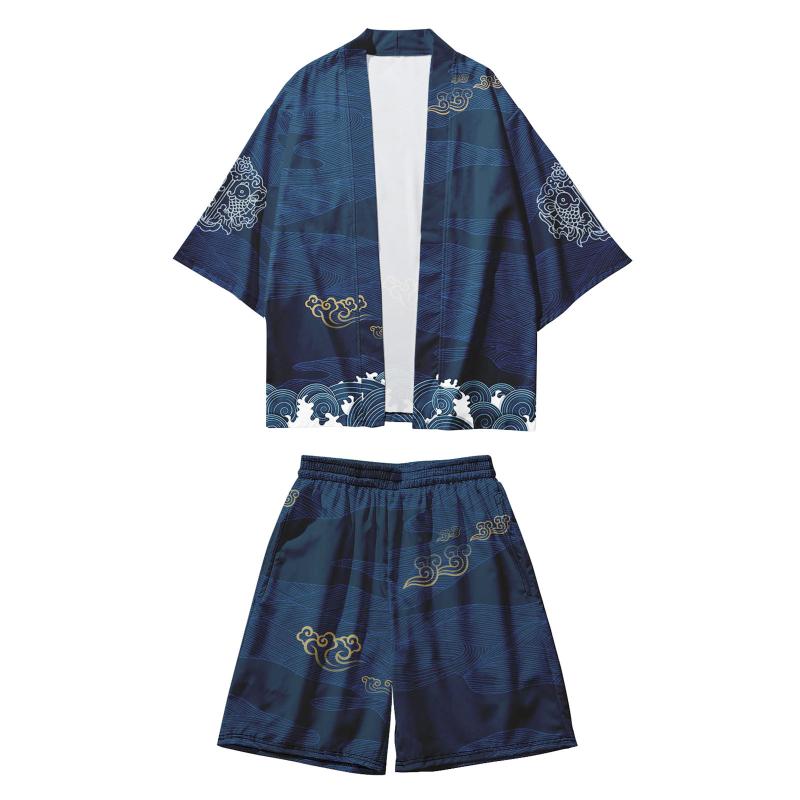 

Men' Tracksuits Summer Two-Piece Suit Japanese Cosplay Waves Print Cardigan Harajuku Kimono Shorts Sets Casual Vintage Pants, Black