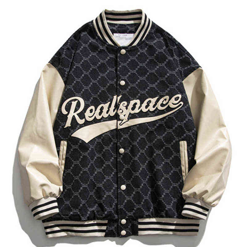 

Bomber Jacket Men Lattice Letter Embroidery Patchwork Baseball Jacket Unisex 2021 Women Varsity Coat Casual Vintage Street T220728, Black