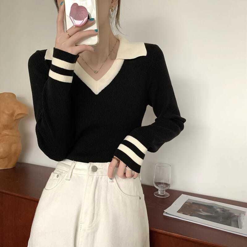 

Women's Sweaters Lucyever 2022 Sweet Turn Down Collar Knitted Pullovers Women Spring Patchwork Bottoming Sweater Solid Slim Fit Preppy Tops, Black