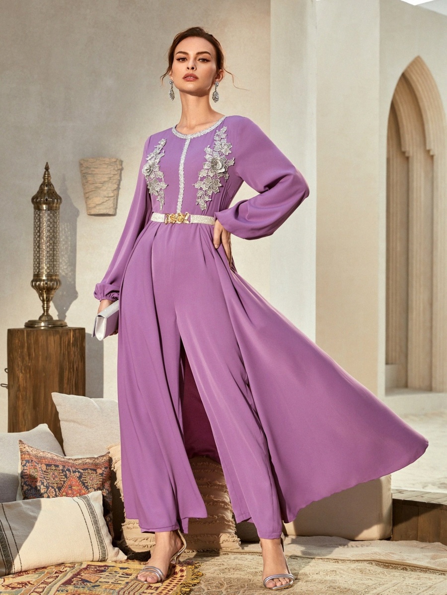 

floral Appliques Buckle Belted Overlay Jumpsuit d4s7#, Purple