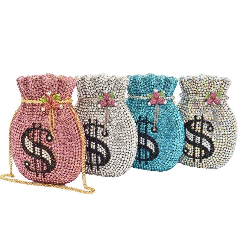 

Luxury Money Crystal Party Wedding Bridal Chain Diamond Evening Bag Nudy Blue Clutch Bags sm57 220616, Ab silver