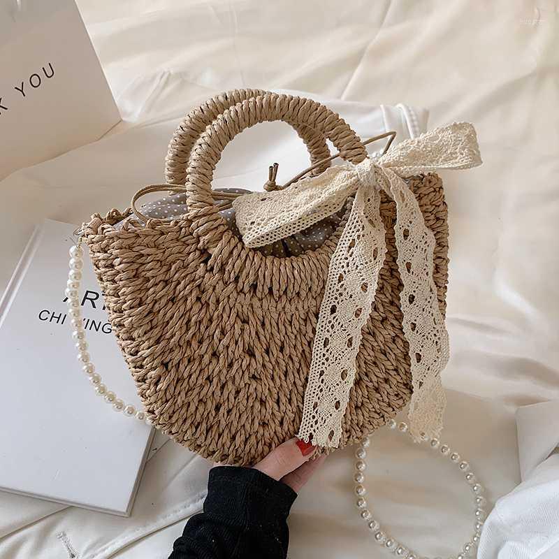 

Evening Bags Summer Casual Beach Shoulder Crossbody Bag Belt Semicircle Hand-Woven Straw Rattan Handbag With Lace Bow RattanEvening, Beige
