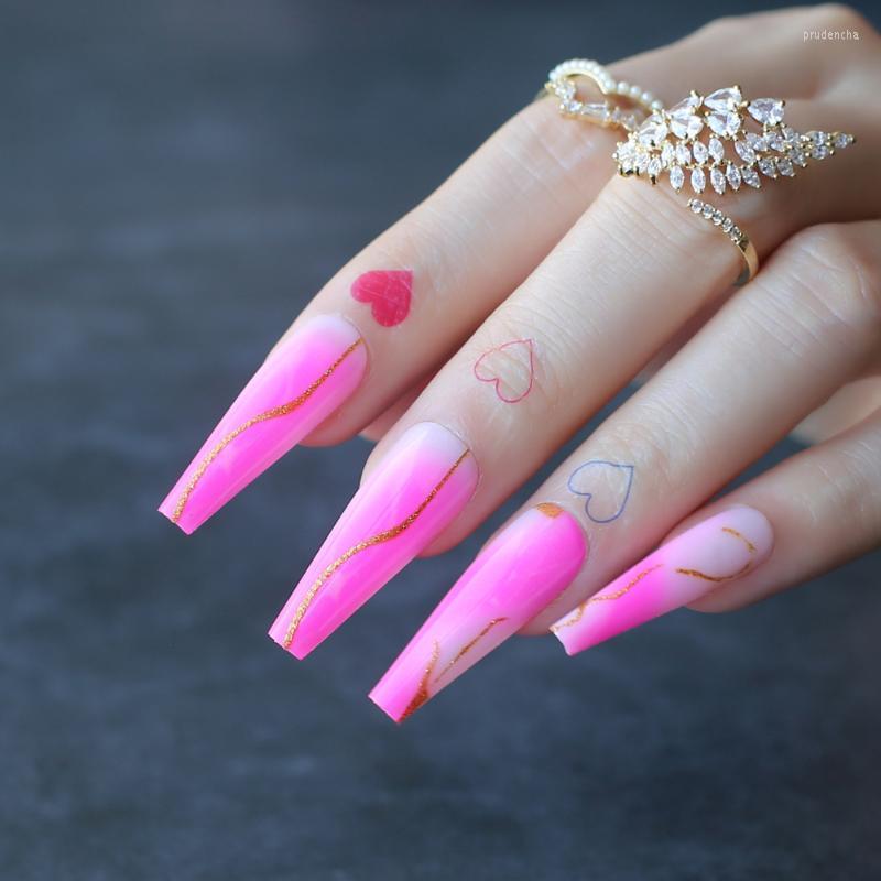 

False Nails Extra Long Pink Ombre Art Gel Fake Ballet Golden Glitter Decoration Coffin Artificial Prud22, 104-f-706g