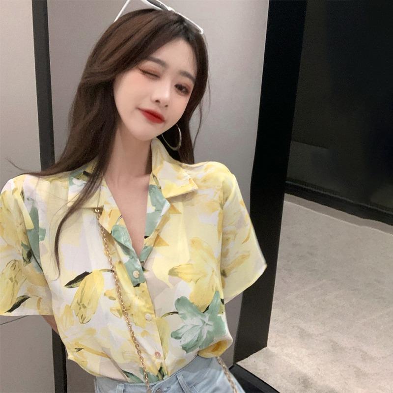 

Women's Blouses & Shirts Loose Casual Short Sleeves Flower Print Turn Down Collar Women's ShirtWomen's, Blue