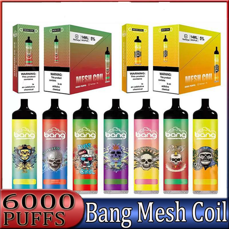 

Original Bang Mesh Coil 6000 Puffs Bars Disposable E cigarettes Vape Pen 14ml Pre-filled Pods Cartridge 1100mAh Rechargeable Battery duo max pro