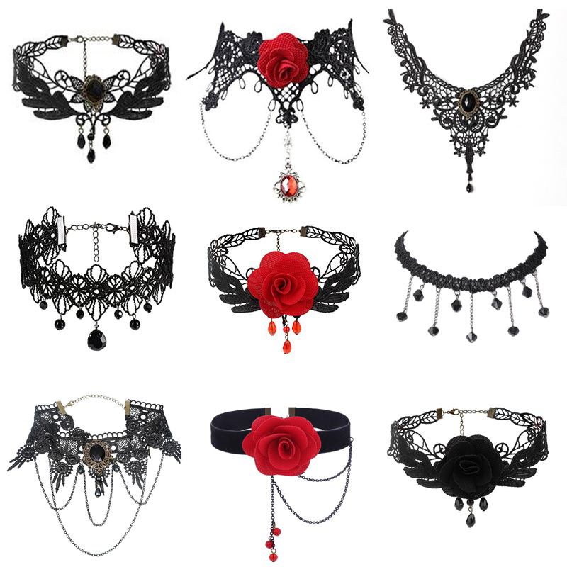 

Pendant Necklaces Gothic Chokers Black Beaded Flowers Sexy Lace Neck Choker Necklace Vintage Tassel Chain Women Steampunk Halloween Jewelry 220826