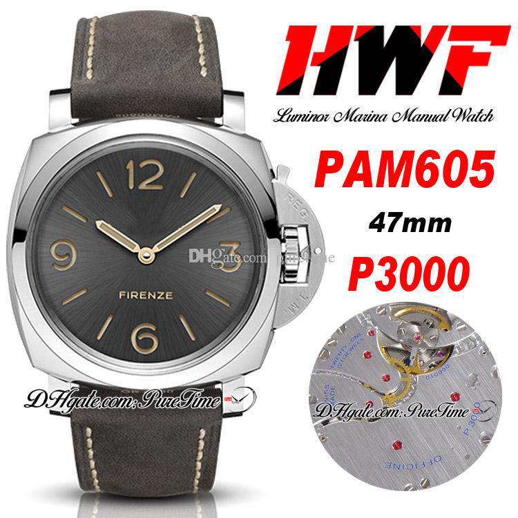 

HWF HW00605 HW605 47mm 3 Days P3000 Mechanical Hand Winding Mens Watch Steel Case Gray Dial Brown Leather Strap Super Edition Puretime, Strap removal tool