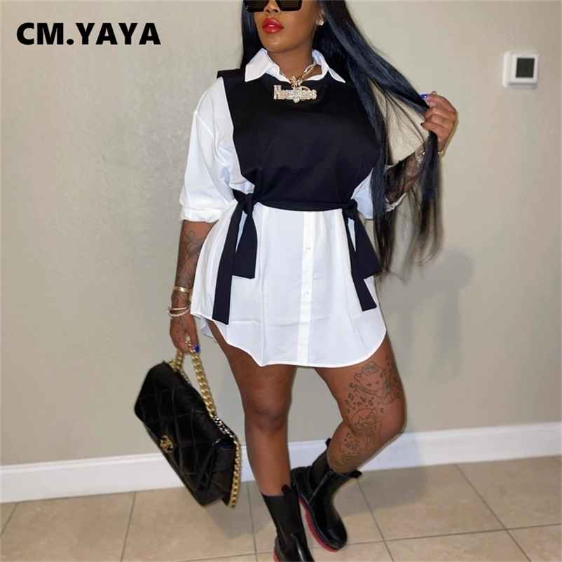 

CM YAYA Women White Long Sleeve Single Breasted Turn down Neck Shirt Style Dress Drawstring Hem Vest Matching Dresses 220614, Sky blue