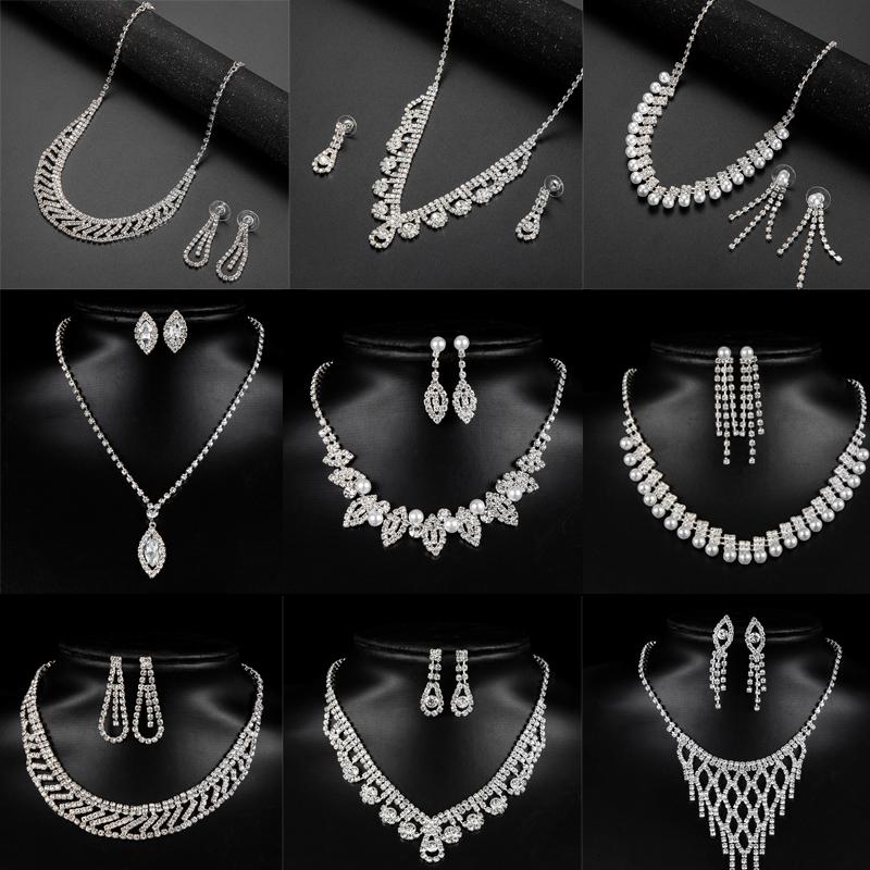

Earrings & Necklace Crystal Pendant Bib Choker Chain Statement Wedding Jewelry SetEarrings, As pic