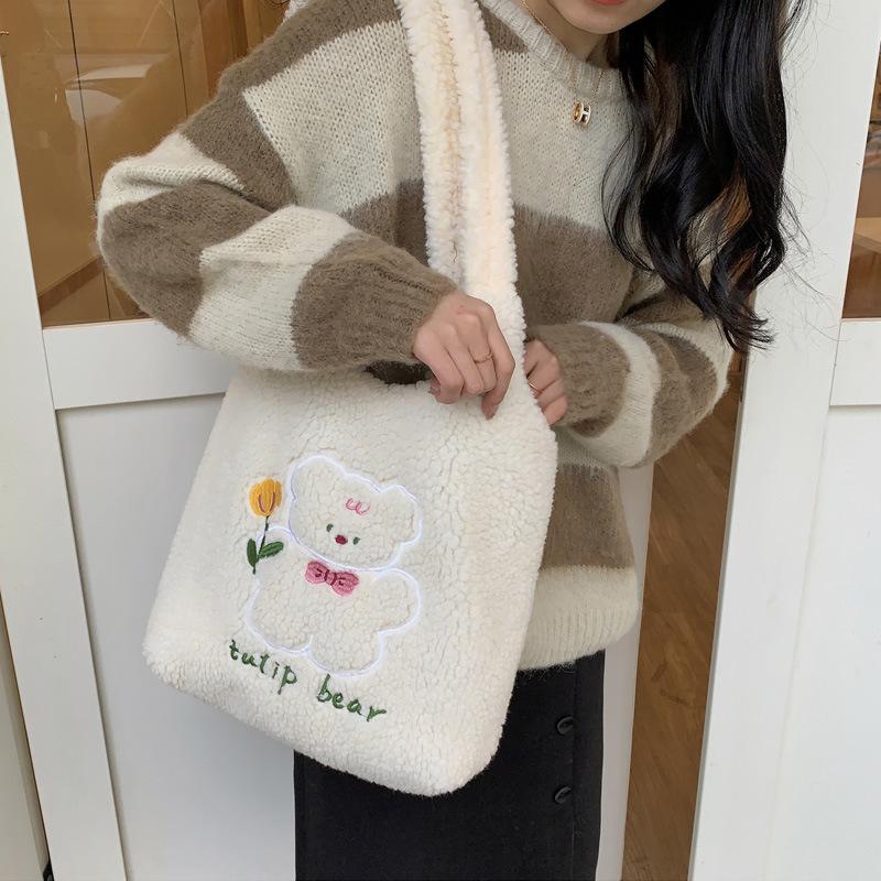 

Evening Bags Women Plush Shoulder Bag Embroidery Warm Cloth Handbag Soft Canvas Tote Large Shopping Cute Cartoon Bear Book For Girls, Tulip bear