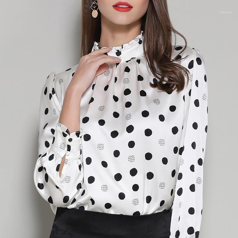 

Women's Blouses & Shirts Silk Stain Tops Dot Print White Office Lady Full Sleeve Plus Size Woman Black Fashion Elegant Work
