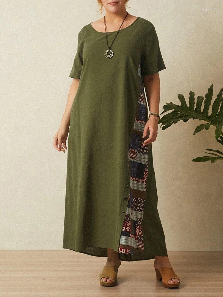 

Plus Size Dresses 2022 Summer Cotton And Linen Dress Women O Neck Short Sleeve Patchwork Casual Loose Oversized Clothing Jasp22, Army green