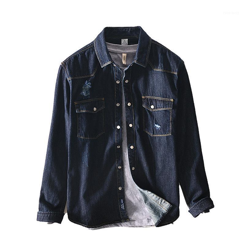 

Men's Cotton Casual Denim Shirt Autumn Brand Products Solid Color Ripped Long Sleeve Business Pocket Decoration Top Shirts, Light blue
