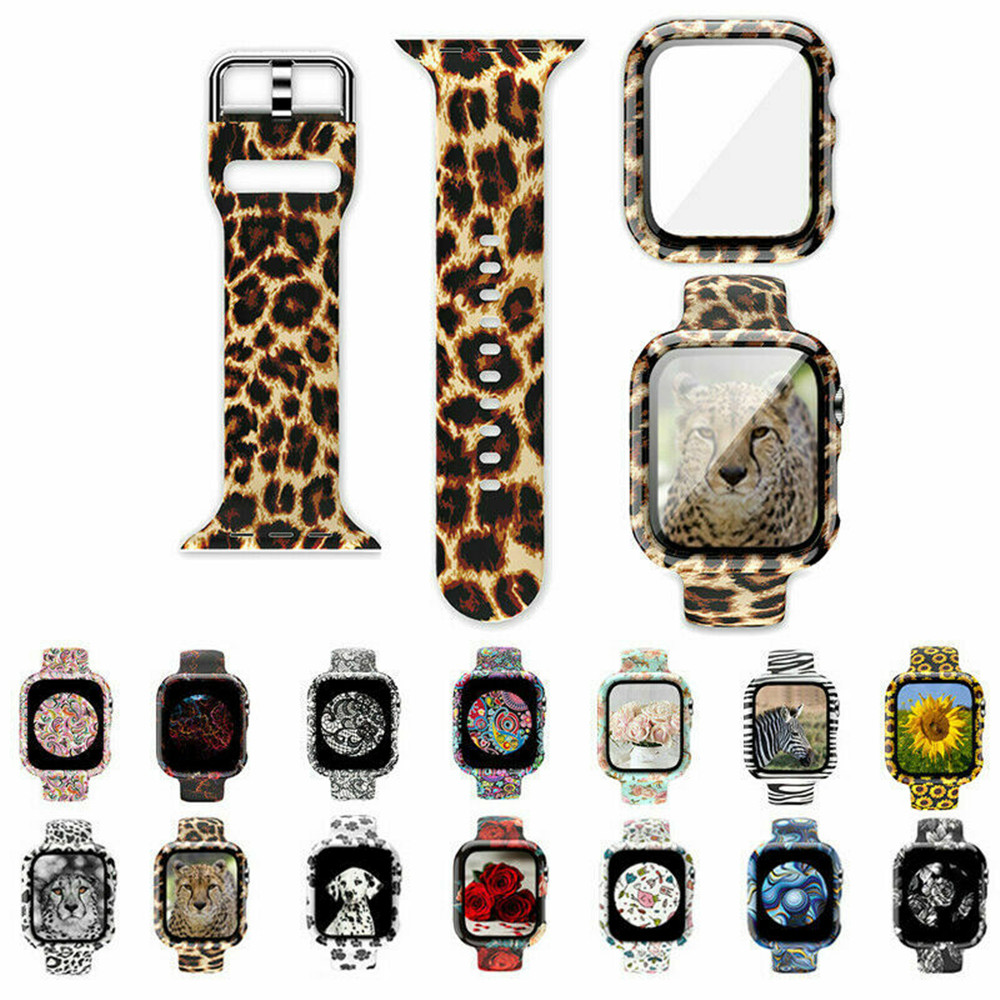 

Protector Case+Printed Pattern Strap For Apple Watch Band 42mm 38mm 40mm 44mm Silicon Watchband Suitable iWatch Series 6 SE 5 4 3 2
