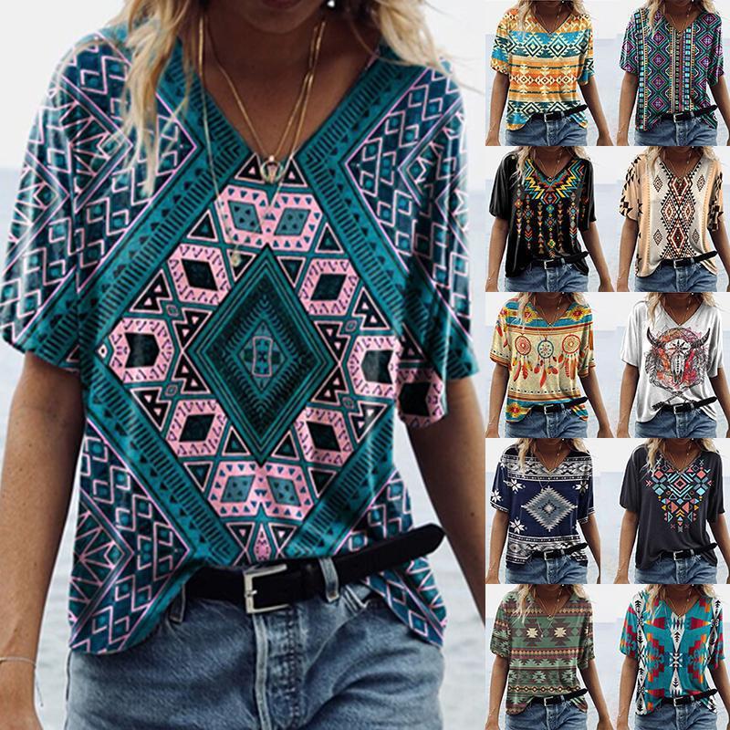 

Women' T-Shirt Aztec Ethnic Printed T-Shirts Summer Women Tees Style Clothing V Neck Short Sleeve T Shirt Casual Loose TopWomen' Women'sWo