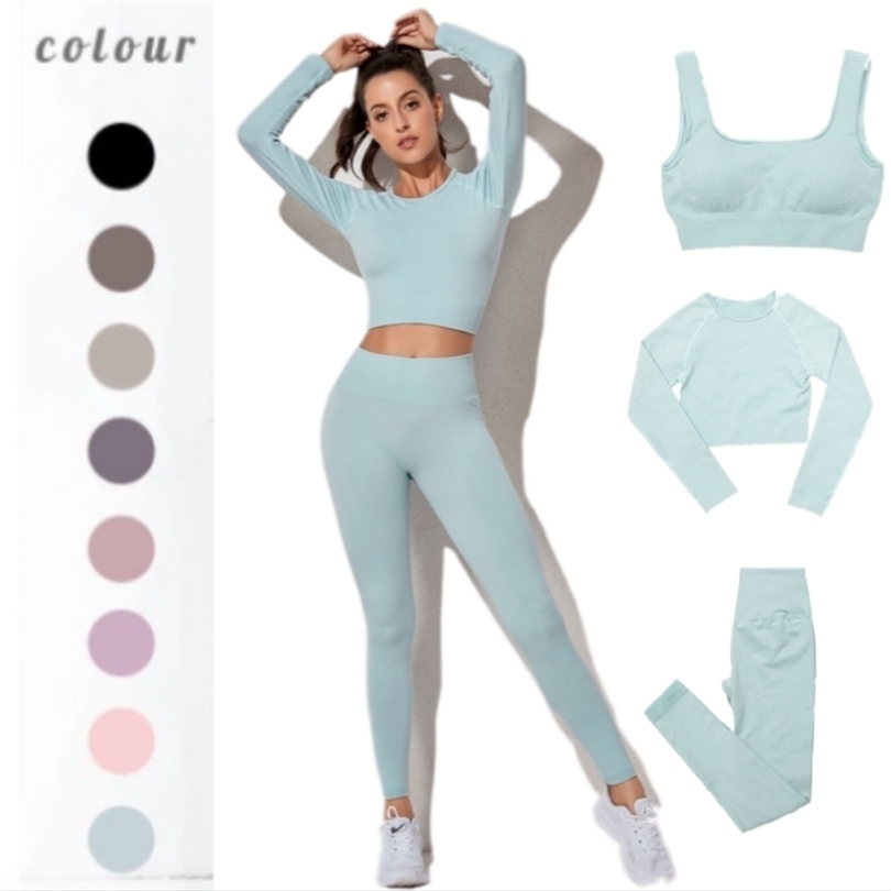

Women Sport Suit Yoga Set Athletic Wear Gym Workout Clothes Long Sleeve Fitness Crop Top Bra+ High Waist Seamless Leggings 220317, Black set