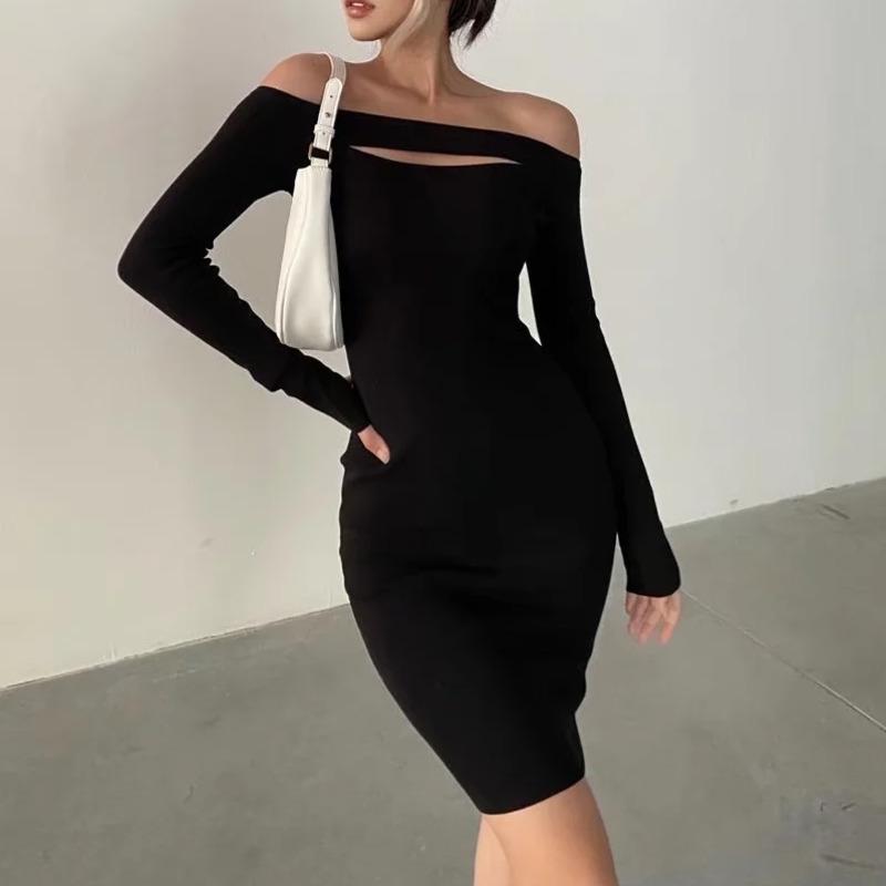 

Casual Dresses Women Off The Shoulder Knitted Jumper Dress With Hollow Out Detail A767, Black;gray