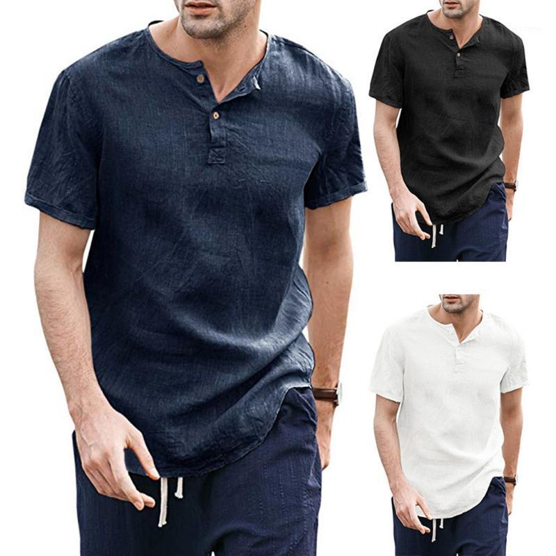 

Men's Casual Blouse Cotton Linen Shirt Loose Tops Fashion Solid Color Button Short Sleeve Y718 Shirts, Black