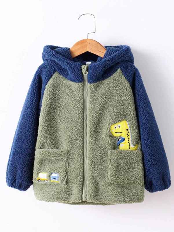 

Toddler Boys Colorblock Dual Pocket Dinosaur & Car Embroidery Hooded Fleece Jacket SHE, Multicolor
