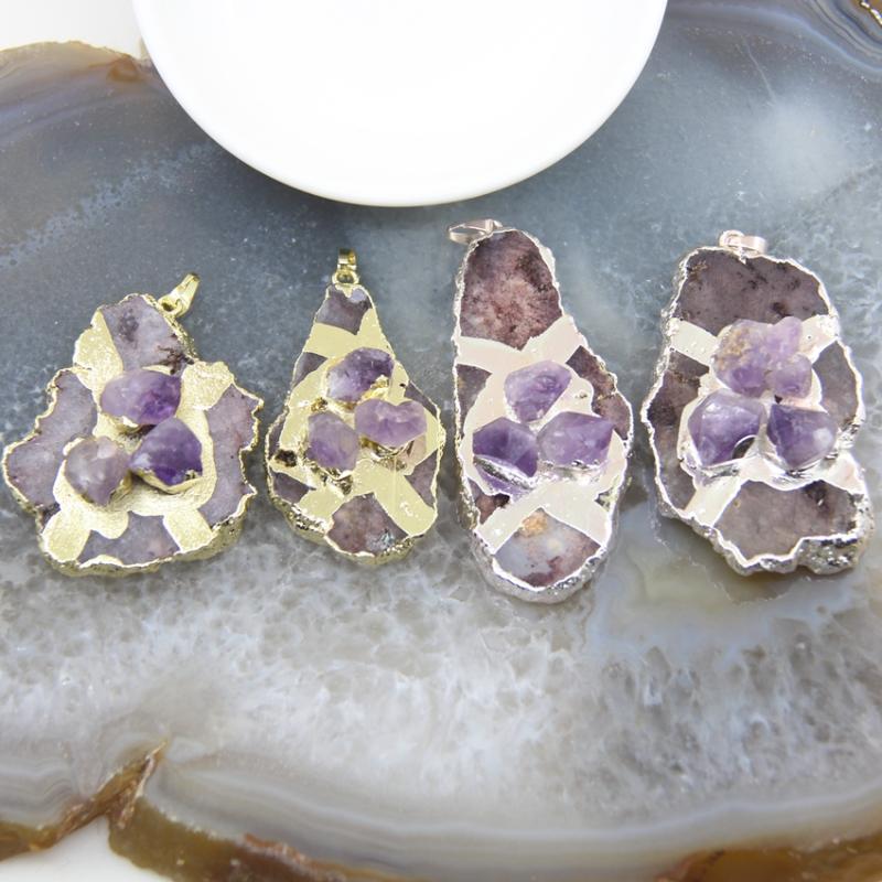 

Pendant Necklaces 1pcs Natural Geode Agates Slice Slab Pendants Necklace Inlay Amethysts Point Irregular Druzy For DIY Jewelry Making Access