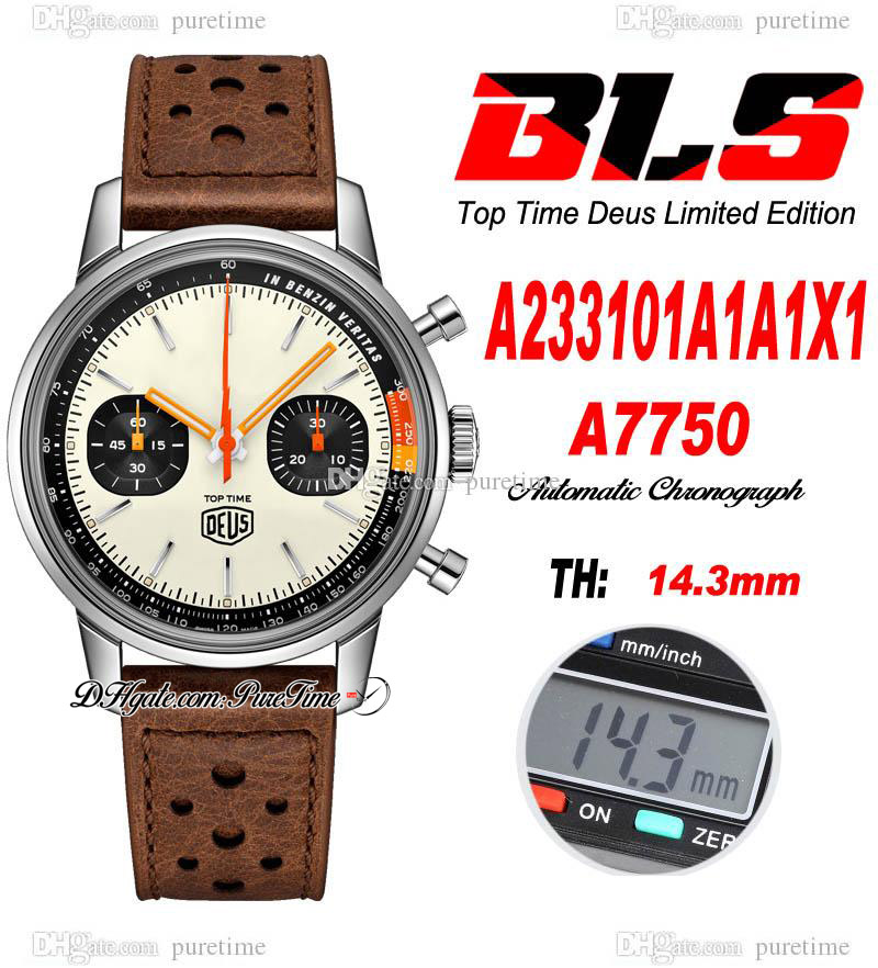 

BLS Top Time Limited Edition A7750 Automatic Chronograph Mens Watch Steel Case White Black Dial Brown Leather Strap A233101A1A1X1 Super Edition Puretime 06a1