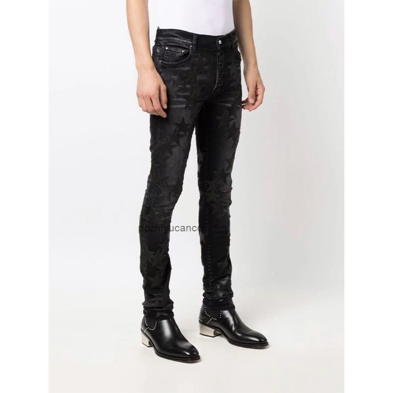 

designer men jeans Ch Amirs high street tide brand wash old black five pointed star pasted leather hole slim fitting small leg jeans, Black star