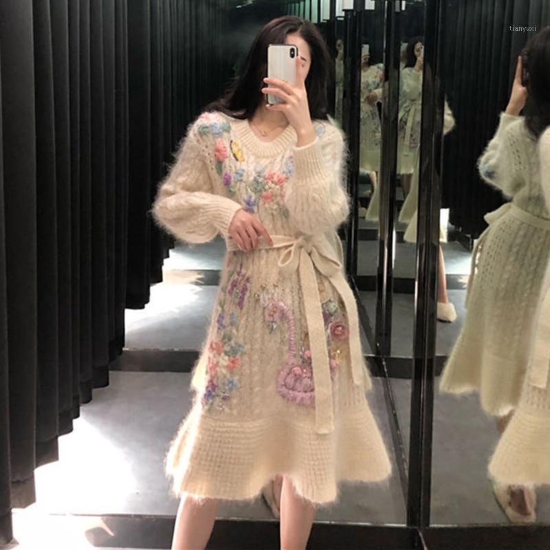 

Casual Dresses High End Handmade Floral Embroidery Ruffle Mermaid Dress Women 2022 Autumn Winter Soft Warm Cashmere Belted Thick Sweater, Beige