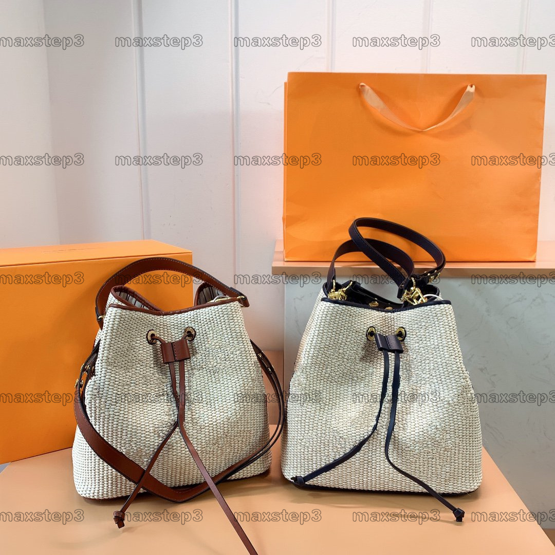 

Neonoe Bucket Bag MM Designer Raffia Woven Textile Womens Drawstring Shoulder Bag Monograms Caramel Tan Beige Jacquard CrossBodys Wallet Handbag Tote, 1#