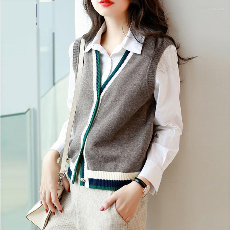 

Women's Vests Patchwork Knitted Women Sweater Vest Korean Style Vintage V Neck Sleeveless Cardigans Single Breasted Woman Open Stitch Luci22, Gray
