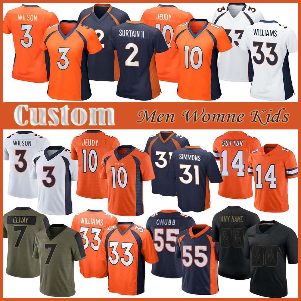 

3 Russell Wilson Custom Men Women Kids Football Jersey 33 Javonte Williams 10 Jerry Jeudy Justin Simmons Patrick Surtain II Bradley Chubb Courtland Sutton John Elway, Shown