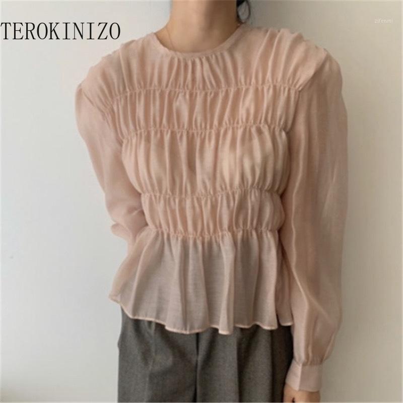 

Women' Blouses & Shirts TEROKINIZO 2022 Chic Long Sleeve Women O Neck Casual Sweet Pink Unicolor Korean Fashion Tops See Through