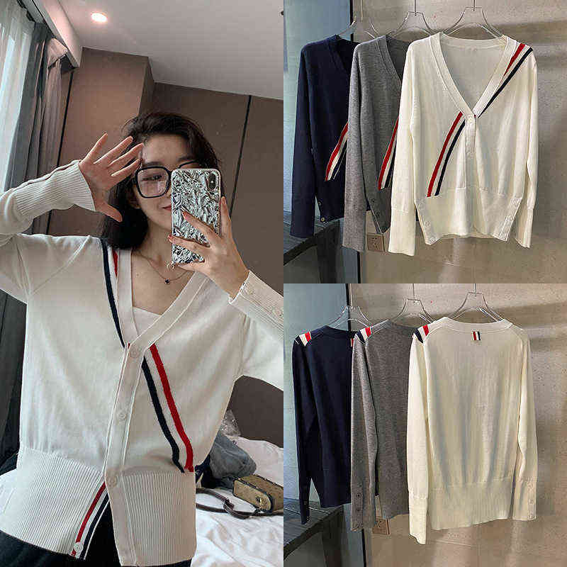 

Women' Fashion Luxury Stretch Sweater 2022 Autumn Winter New TB Thom Lovers V-neck Knitted Cardigan Fashion Casual Stripe Long Sleeve Coat, White