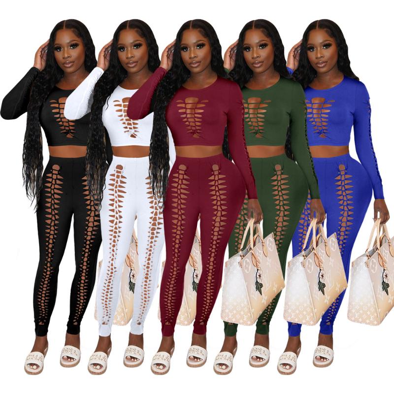 

Women' Two Piece Pants Solid Color Hollow Long Sleeves 2 Sets Womens Outfits Sexy Crop Top Skinny Leggings Fashion Casual Club For WomenWom