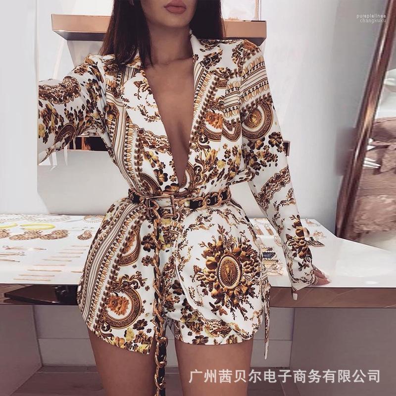 

Women' Tracksuits Fashion Vintage Print Casual Short Pants Tracksuit Notched Collar Long Sleeve Tops Elegant Lady Female Street Wear Set, Dark yellow