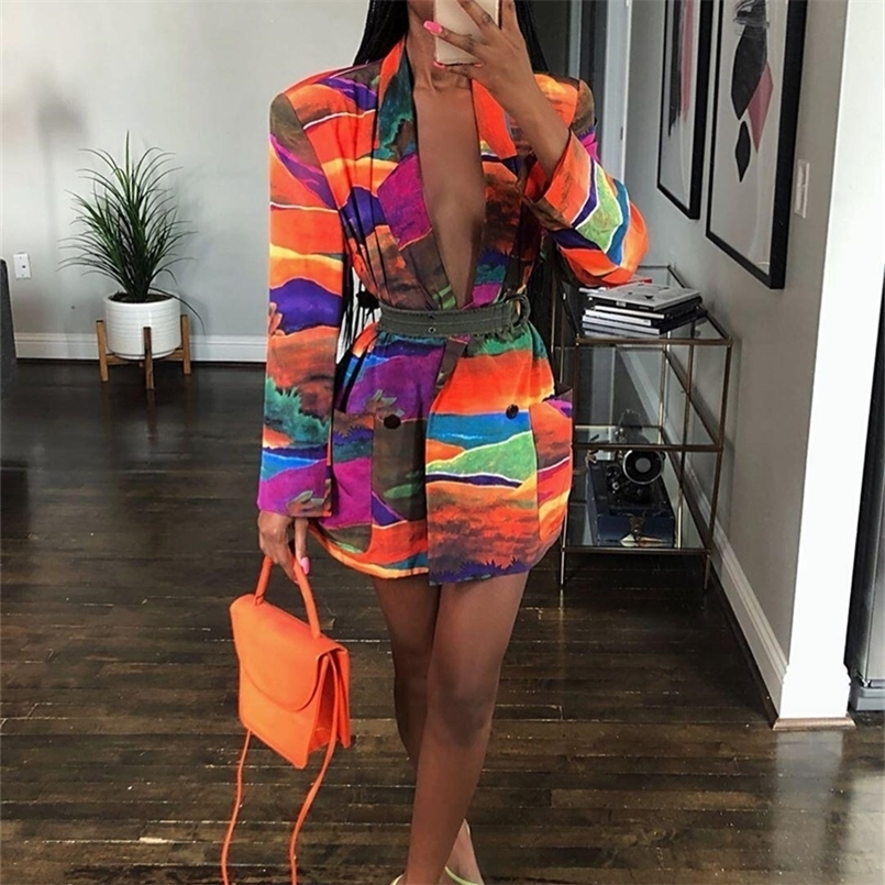 

GL Winter Autumn women Notched long sleeve Graffiti print blazers vintage Office Lady Outfit High Street Coat W5126 220402, Multi