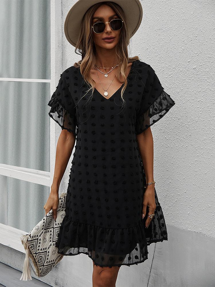 

Work Dresses SRUBY Black Mesh Dress Swiss Dot Ruffle Hem Summer V Neck Beach Wear Clothes