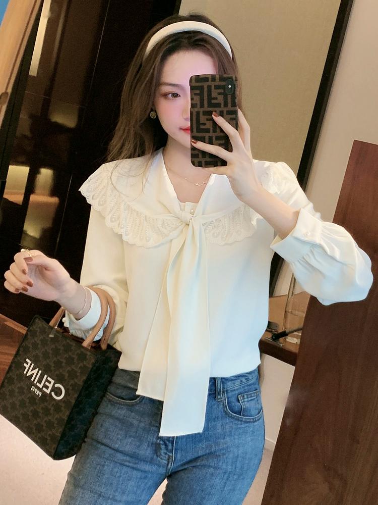 

Women' Blouses & Shirts Chiffon Korea Blouse With A Bow Women Elegant White Long Sleeve T Shirt Casual Koszula Damska Elegancka BG50BS, Apricot