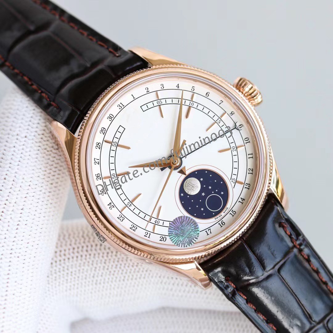 

Cellini 50535 Meteorite White Dial Rose Gold Moon Phase Men's Watch 3165 Automatic Mechanical 39mm Stainless Steel Sapphire Glass Black Leather