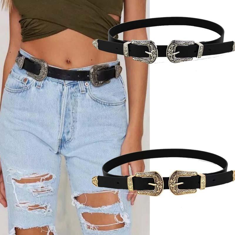 

Belts Women Vintage Carved Belt Black Leather Western Cowgirl Waist Metal Buckle Waistband For Chain