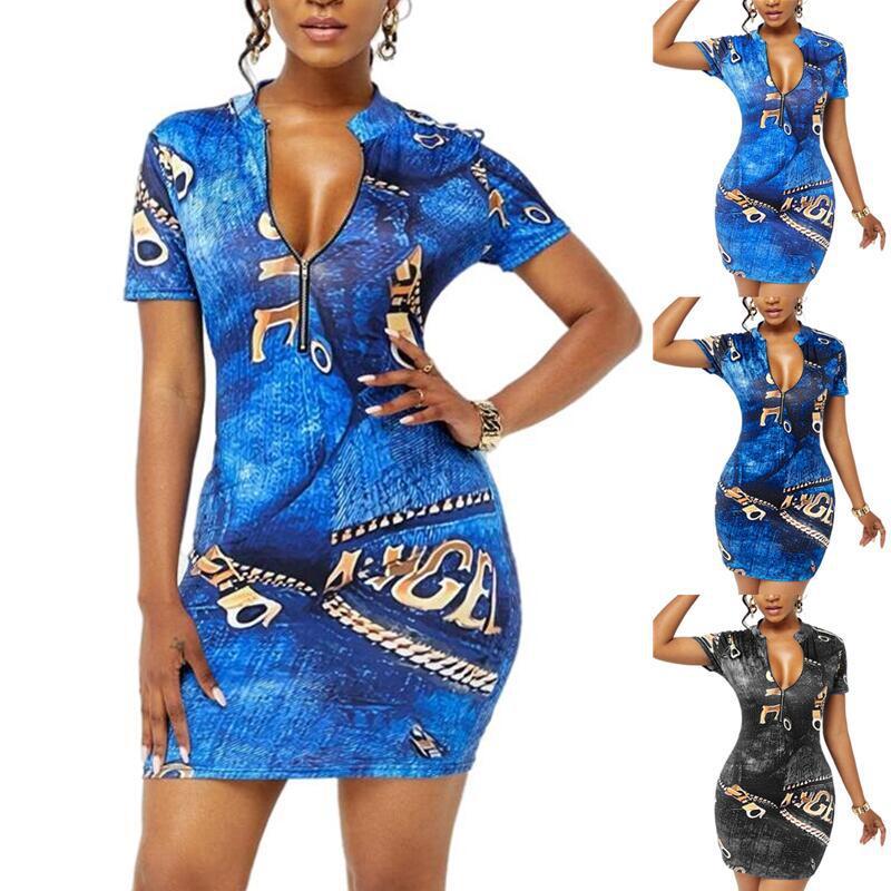 

Casual Dresses V-neck Zipper Print Short-sleeved Bag Hip Dress Summer Fashion Mid-waist Pullover Female Clothing Oversized 5XLCasual, Black