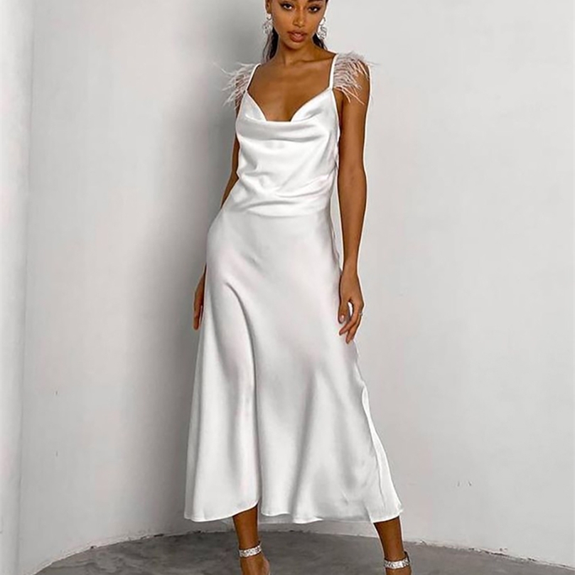 

Clacive Women Sexy Strap Satin White Dress Summer Sleeveless Backless Feather Midi Dress Lady Elegant Slim Solid Party Dresses 220704