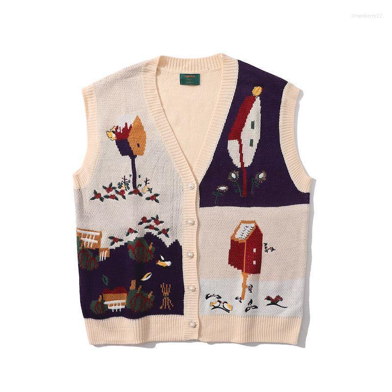 

Men's Vests Autumn Spring Harajuku Vest Jacquard Knitted Cartoon Patterns Sleveless Outwears Casual Knitwear Unisex Clothing Stra22, Beige