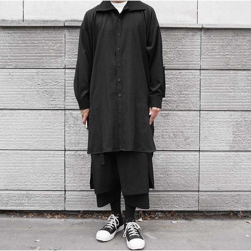 

Men' Casual Shirts Spring And Autumn High Collar Multi - Mouth Profile Loose Long Sleeve Shirt Shoulder Solid Color, Black