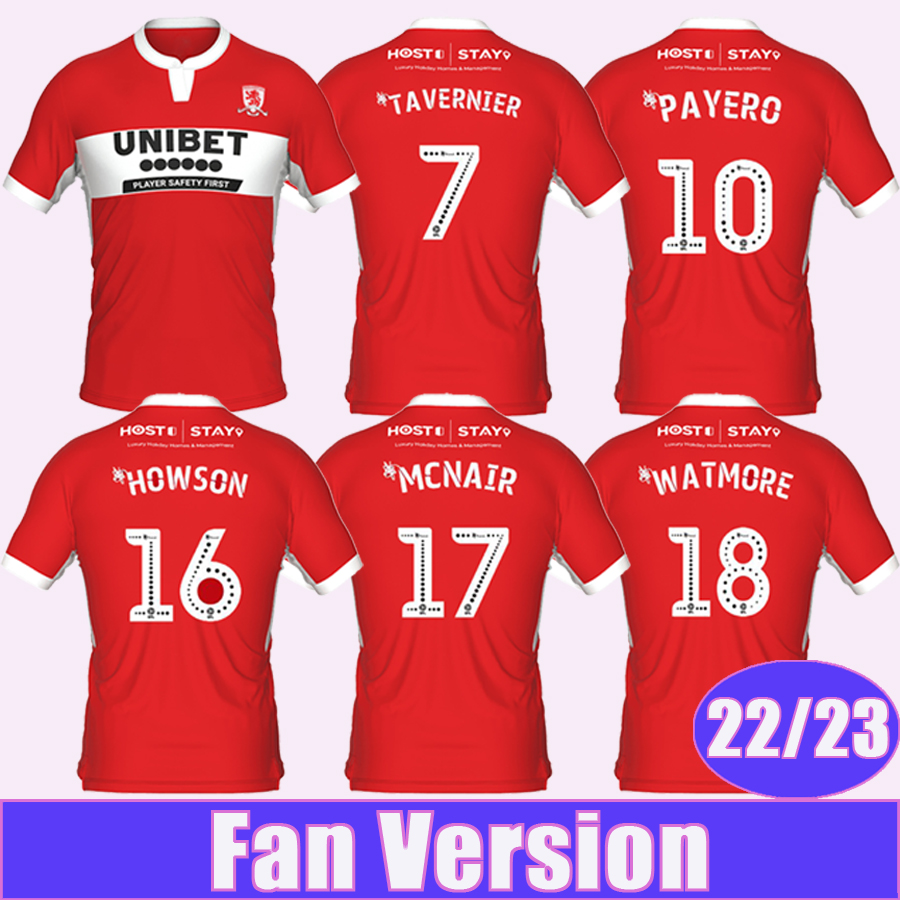 

22 23 Middlesbrough Mens Soccer Jerseys FRY TAVERNIER PAYERO HACKNEY HOWSON MCNAIR WATMORE CROOKS Home Red Football Shirt, Qm8907 22 23 home no patch