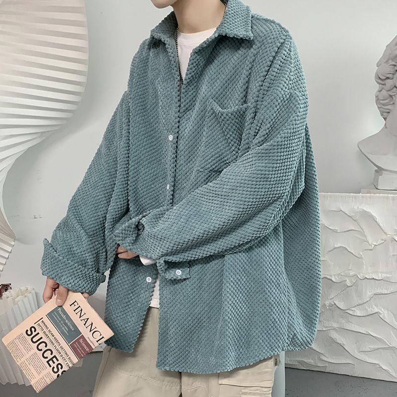 

Men's Jackets Autumn Corduroy Shirt Jacket Men Long Sleeve Korean Fashion Retro Loose Harajuku Japanese Light Blue StreetwearMen's, Khaki