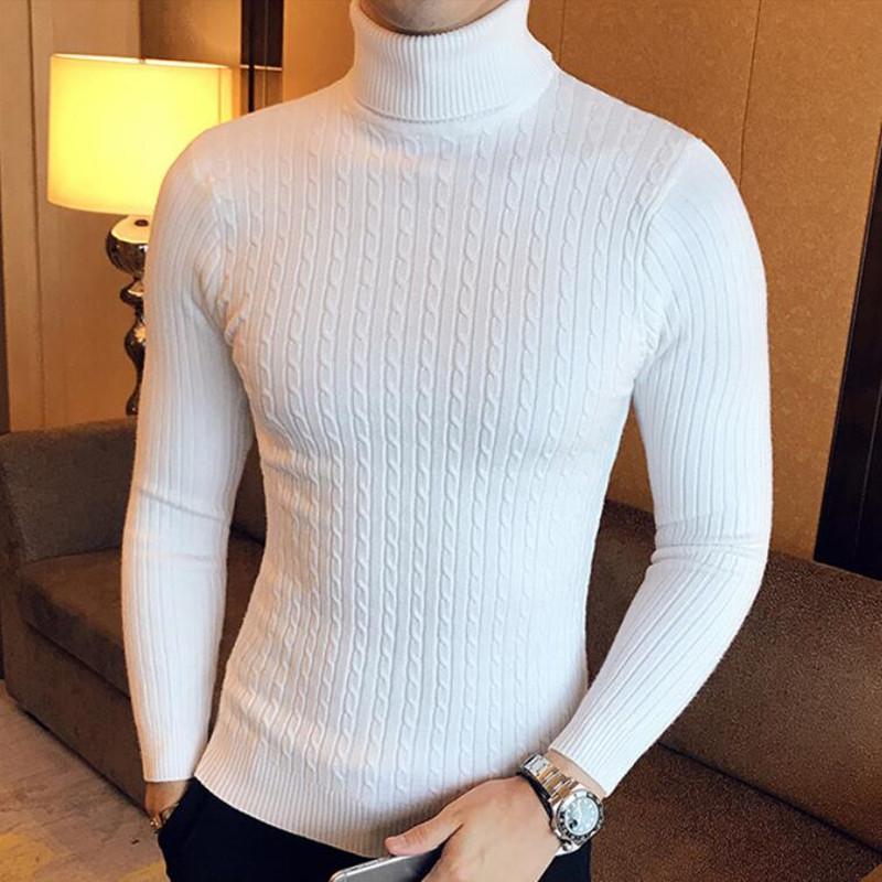 

Men's Sweaters Arrival Men Turtleneck Sweater Solid Color Slim Fit Autumn Winter Pullover Jumpers Clothing Casual Knit SweaterMen's, White